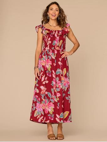 DEMOCRACY - Ruffle Cap Sleeve Smocked Waist Floral Print Dress Deep Scarlet Sage Multi
