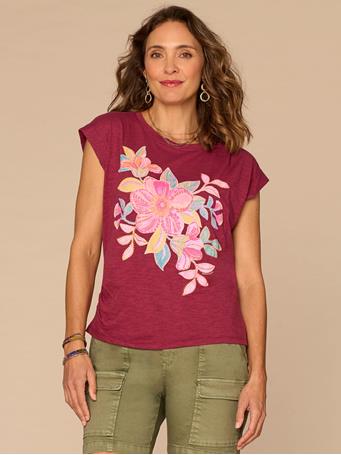 DEMOCRACY - Origami Sleeve Scoop Neck Floral Screen Print Top Beet Red/Multi