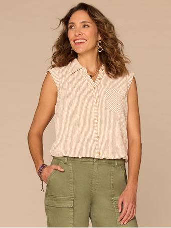 DEMOCRACY - Cap Sleeve Collared Button Down Top Ecru/Fired Brick