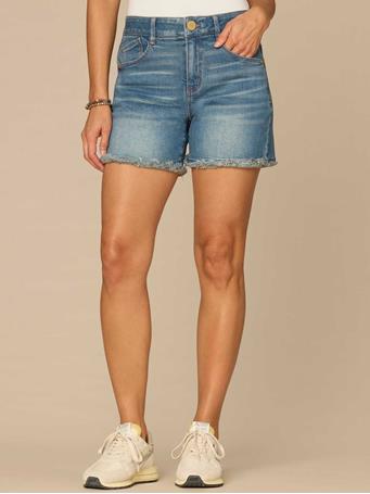 DEMOCRACY - "Ab"solution High Rise Fray Hem Shorts Mid Blue Artisanal
