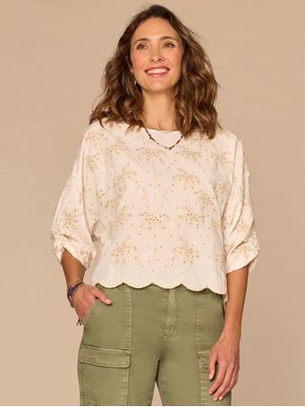 DEMOCRACY - Three Quarter Pleated Sleeve Embroidered Woven Top Off White/Natural