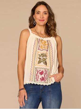 DEMOCRACY - Sleeveless Ruched Embroidered Tank Top Ecru/Forest Moss Multi