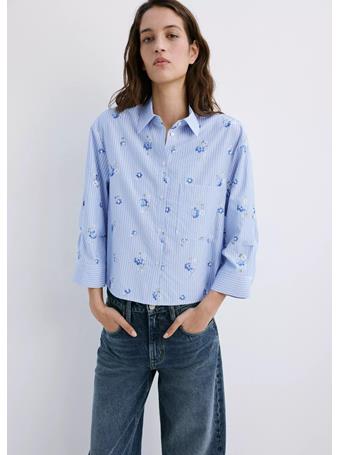 MANGO - Flower Embroidered Striped Shirt LT BLUE