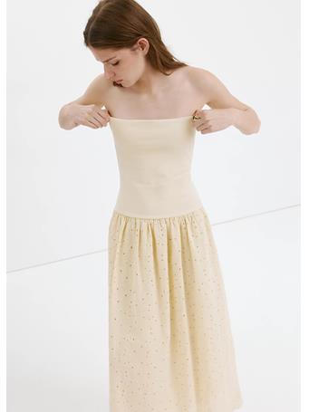MANGO - Strapless Dress with Broderie Anglaise Embroidery LT BEIGE