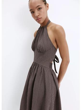 MANGO - Gingham Check Halter Dress DARK BROWN