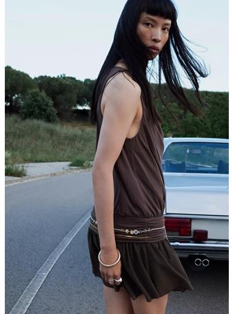 MANGO - Draped Dress with Ruffle Hem DARK BROWN