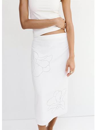 MANGO - Linen Skirt with Floral Embroidery WHITE