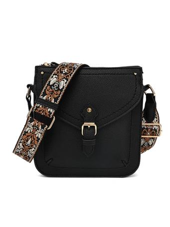 DS HANDAGS - Top Zip Crossbody with Front Pocket and Guitar Strap BLACK