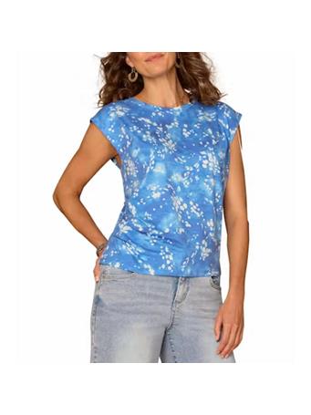 DEMOCRACY - Extended Origami Cap Sleeve Scoop Neck Ruched Side Abstract Print Knit Mediterranean Blue Multi