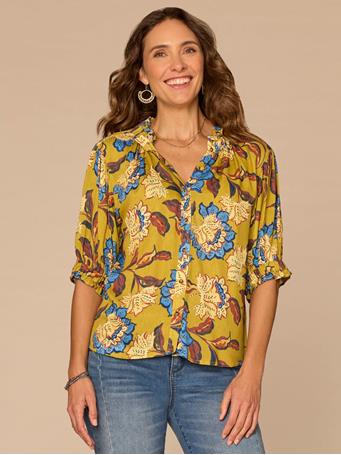 DEMOCRACY - Elbow Sleeve Ruffle Split Neck Button Down Abstract Print Woven Top Chartreuse Mult