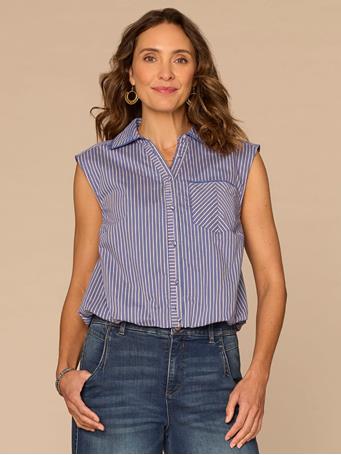 DEMOCRACY - Sleeveless Smocked Collar Button Down Placket Striped Woven Shirt Comic Cobalt