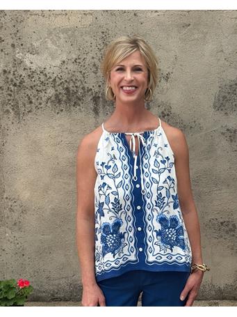SKIES ARE BLUE - Mediterranean Blue Floral Top WHITE BLUE