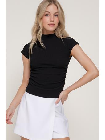 ACTIVE BASIC - Cap Sleeve Mock Neck Ruched Texture Knit Top BLACK