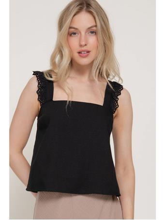ACTIVE BASIC - Square Neck Wide Strap Eyelet Ruffle Top BLACK