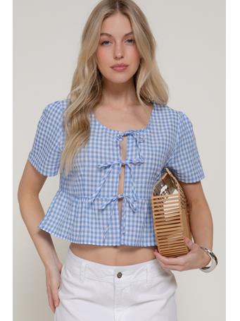 ACTIVE BASIC - Short Sleeve Tie Detail Check Woven Top BLUE