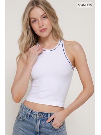ACTIVE BASIC - Sleeveless Piping Detail Seamless Top WHITE/NAVY