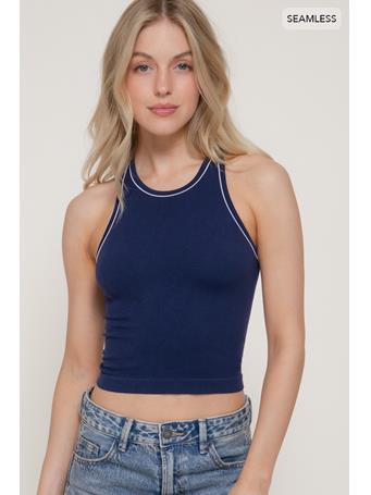 ACTIVE BASIC - Sleeveless Piping Detail Seamless Top NAVY/WHITE