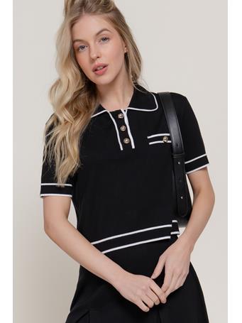 ACTIVE BASIC - Short Sleeve Contrasting Lined Knit Top BLACK/WHITE