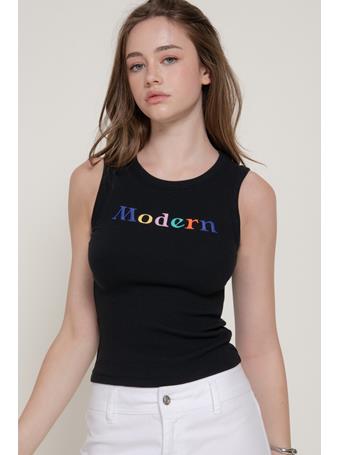 ACTIVE BASIC - Embroidered Crew Neck Rib Tank Top BLACK