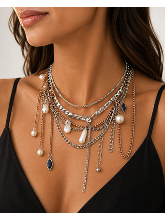 CARA ACCESSORIES - Multi Drop Silver Chains With Pearls SILVER
