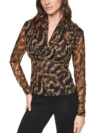 DKNY - Women's Printed Pleated Mesh V-Neck Blouse ABSTRACT FEATHER