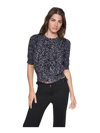 DKNY - Women's Crewneck Button Placket Cardigan Sweater MOONLIT LEOPARD