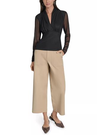 DKNY - Women's Long Sleeve Pleated V-Neck Mesh Top BLACK