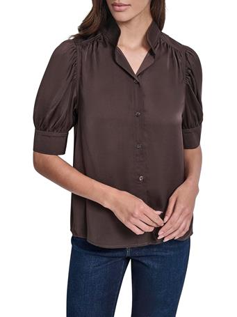 DKNY - Puff Sleeve Stand Collar Shirt ESP - ESPRESSO