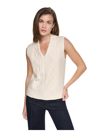 DKNY - Women's Cable Knit V-Neck Hi-Low Sweater G0H - EGGNOG
