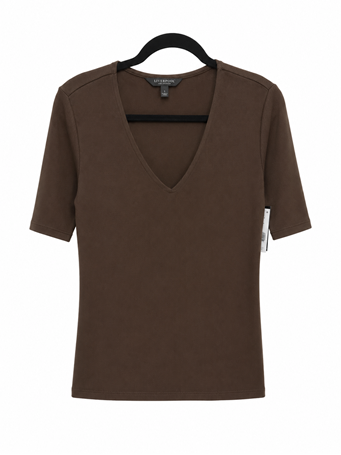 LIVERPOOL - Double Layer V-neck Rib Knit Top dk espresso