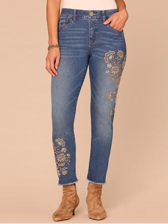 DEMOCRACY - "Ab"solution High Rise Seamless Floral Embroidered Ankle Skimmer Jean Blue