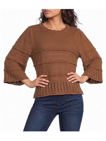 DEMOCRACY - Bell Sleeve Round Neck Scallop Edge Variegated Stitch Mix Sweater Saddle