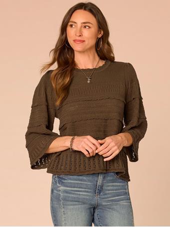 DEMOCRACY - Bell Sleeve Round Neck Scallop Edge Variegated Stitch Mix Sweater Forest Moss