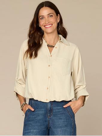 DEMOCRACY - Three Quarter Tucked Sleeve Collar Button Down Bubble Hem Woven Shirt Vanilla