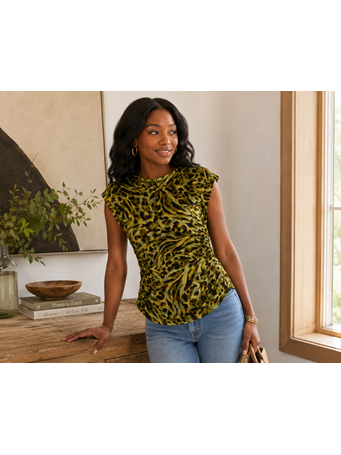 DEMOCRACY - Extended Origami Cap Sleeve Scoop Neck Ruched Side Abstract Print Knit Golden Olive Multi