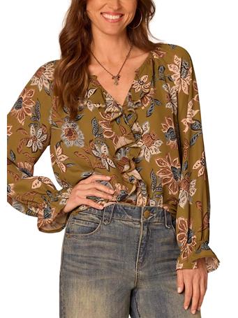 DEMOCRACY - Flounce Sleeve Ruffle Front Split Neck Print Top Vintage Moss Multi