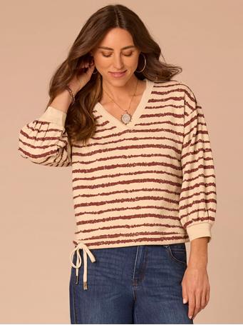 DEMOCRACY - Three Quartrer Sleeve V-Neck Tie Hem Knit Top with Jacquard Bands Birch/Burnt Henna