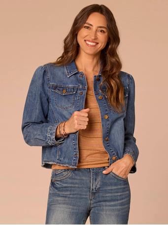 DEMOCRACY - Long Puff Sleeve Button Up Denim Jacket with Frayed Hem Mid Blue