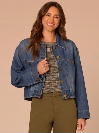 DEMOCRACY - Long Sleeve Button Front Cropped Elastic Hem Denim Jacket Blue Artisanal