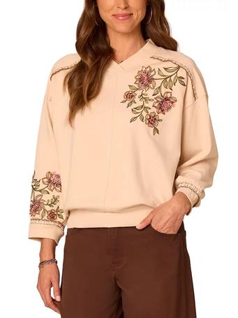 DEMOCRACY - Blouson Sleeve High V-Neck Embroidered Sweatshirt Ecru MultI