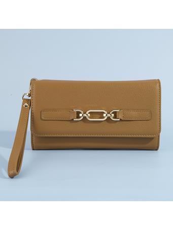 ANARCHY STREET - Saffiano Vegan Leather Chain Buckle Wristlet Wallet CAMEL