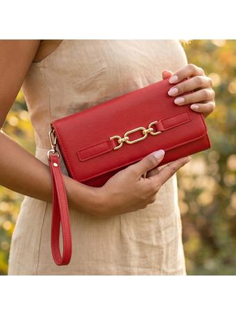 ANARCHY STREET - Saffiano Vegan Leather Chain Buckle Wristlet Wallet RED