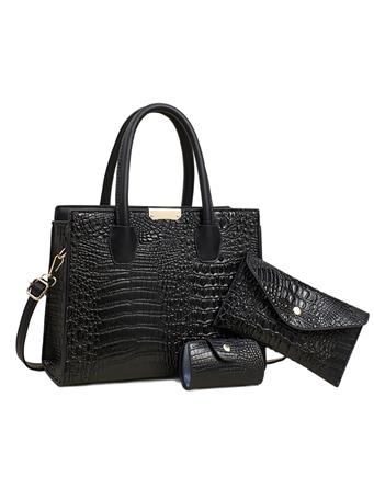 ANARCHY STREET - Croc Embossed Satchel Three Piece Set BLACK