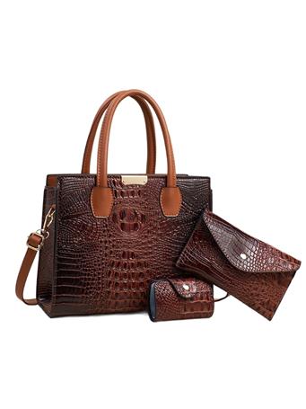ANARCHY STREET - Croc Embossed Satchel Three Piece Set BROWN