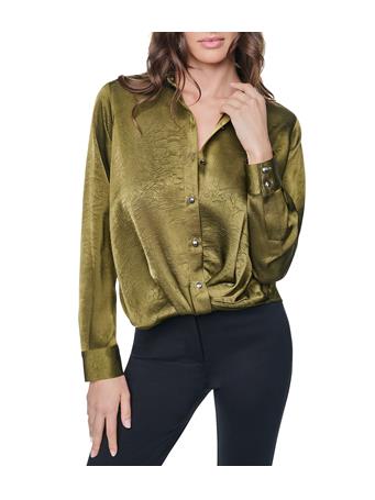 DKNY - Satin Crease Point Collar Twist Button Front Top DARK OLIVE