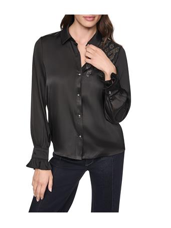 DKNY - Woven Animal Print Detail Point Collar Long Sleeve Blouse BLACK