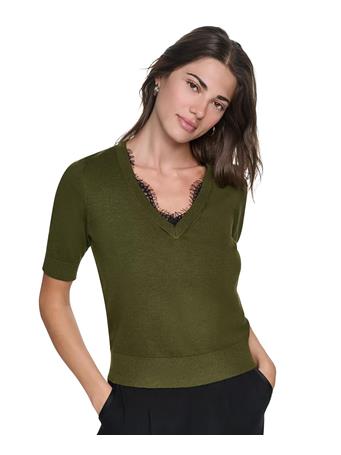 DKNY - Women's Lace Trim Crewneck Short-Sleeve Cotton Sweater DARK OLIVE