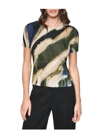 DKNY - Ribbed Knit Mix Print Crew Neck Short Sleeve Sweater Top BRUSHED RIVERSIDE