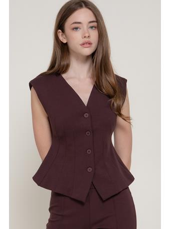 ACTIVE BASIC - V-Neck Knit Vest with Shoulder Pads MAROON