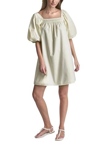 DKNY - Women's Half Puff Sleeve Seersucker Dress with Square Neckline F5R - PASTEL YELLOW
